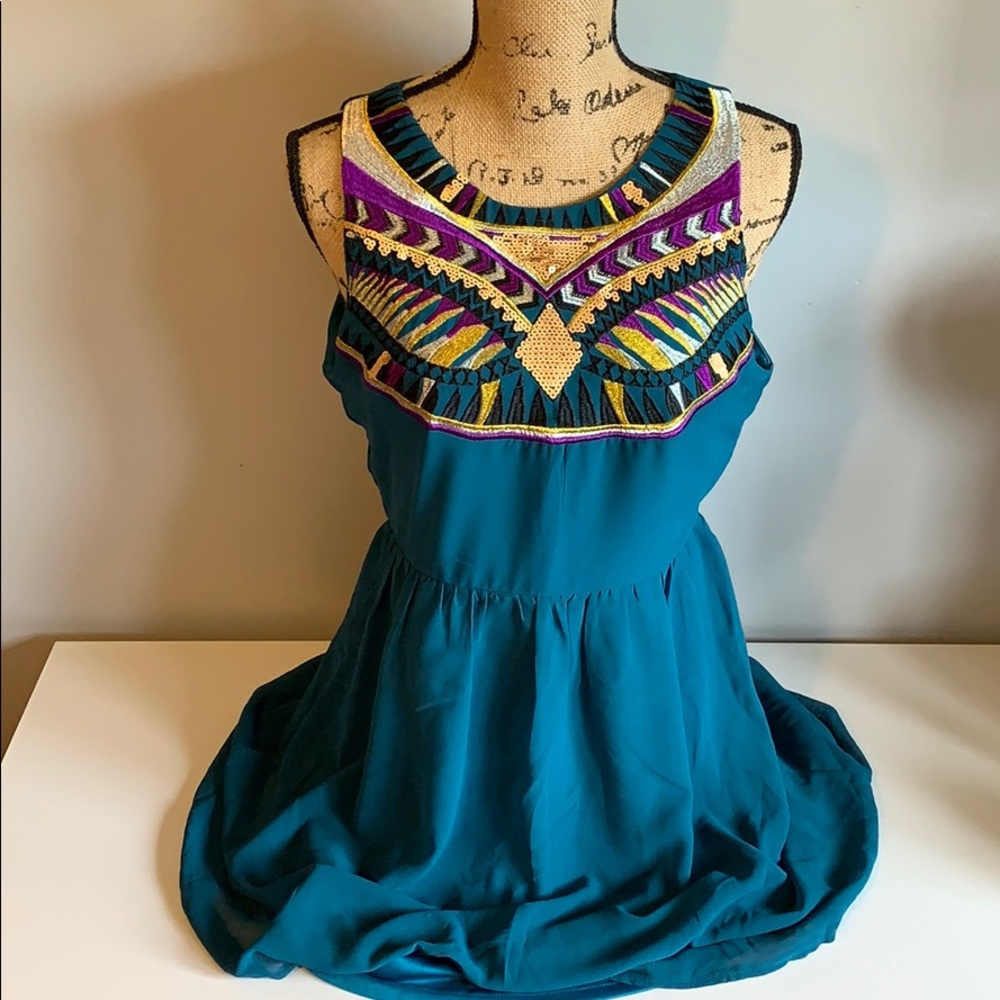 Women's Teal Fit and Flare Detailed Dress